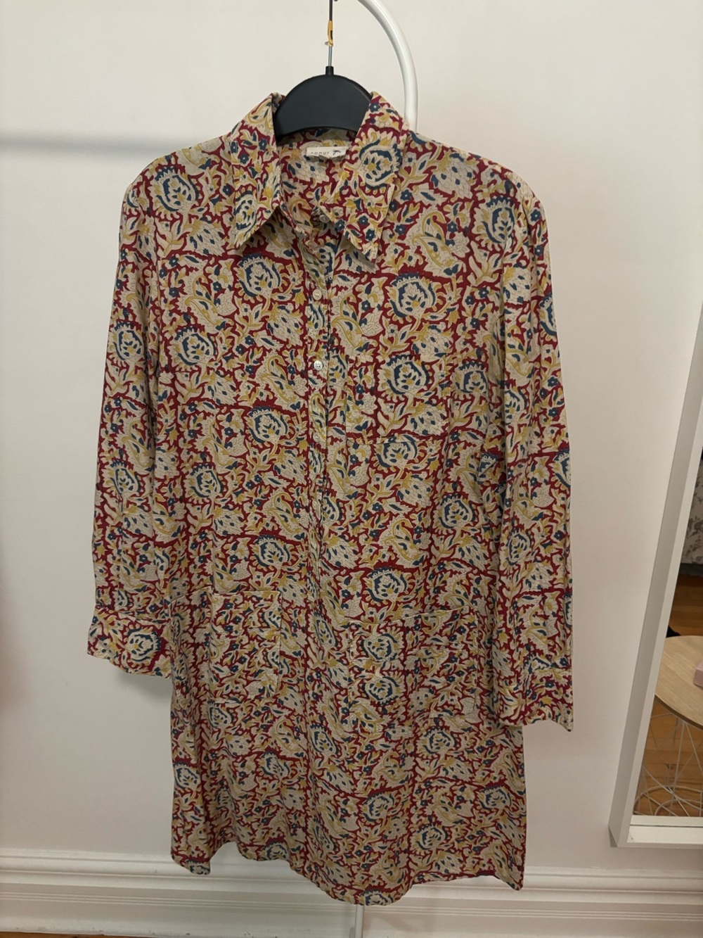 Women’s Long-Sleeve Floral Print Shirt Dress - Beige and Red